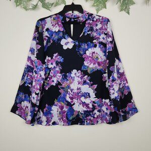 The Limited Size 1X Black Purple Blue White Floral Choker Neck Long Sleeve Top